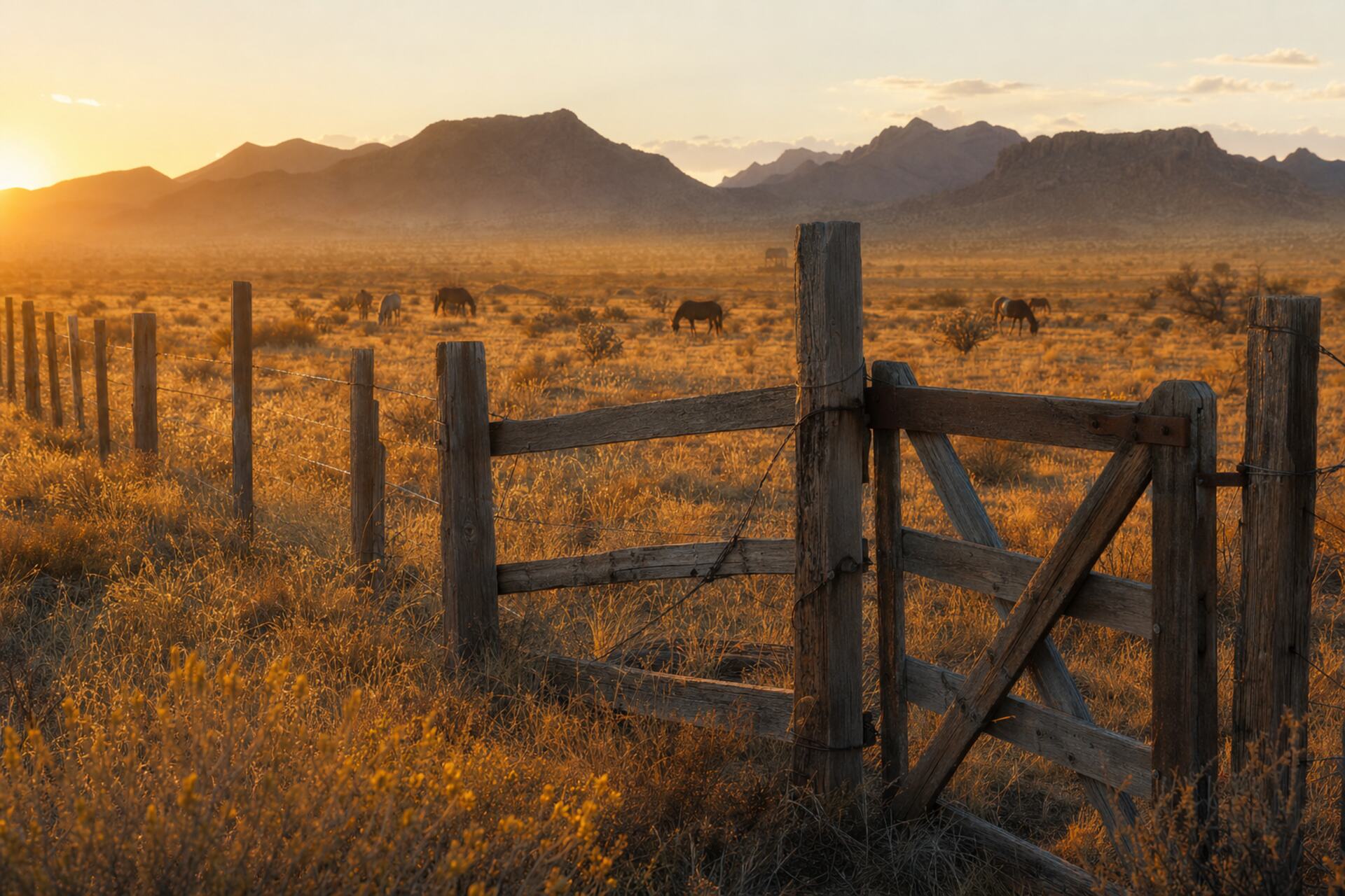 Wooden fence line crossing open Arizona pasture at golden hour with horses grazing in the distance