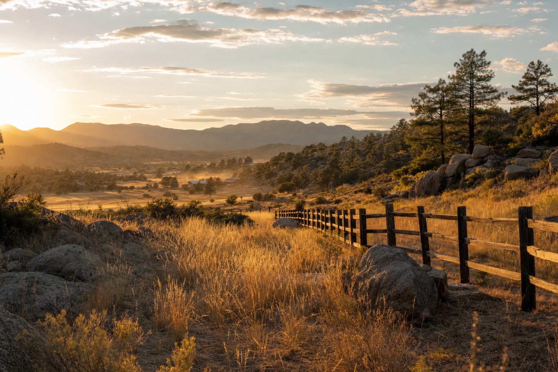 Golden hour over Prescott, Arizona high desert with a ranch fence line, granite boulders and ponderosa pines
