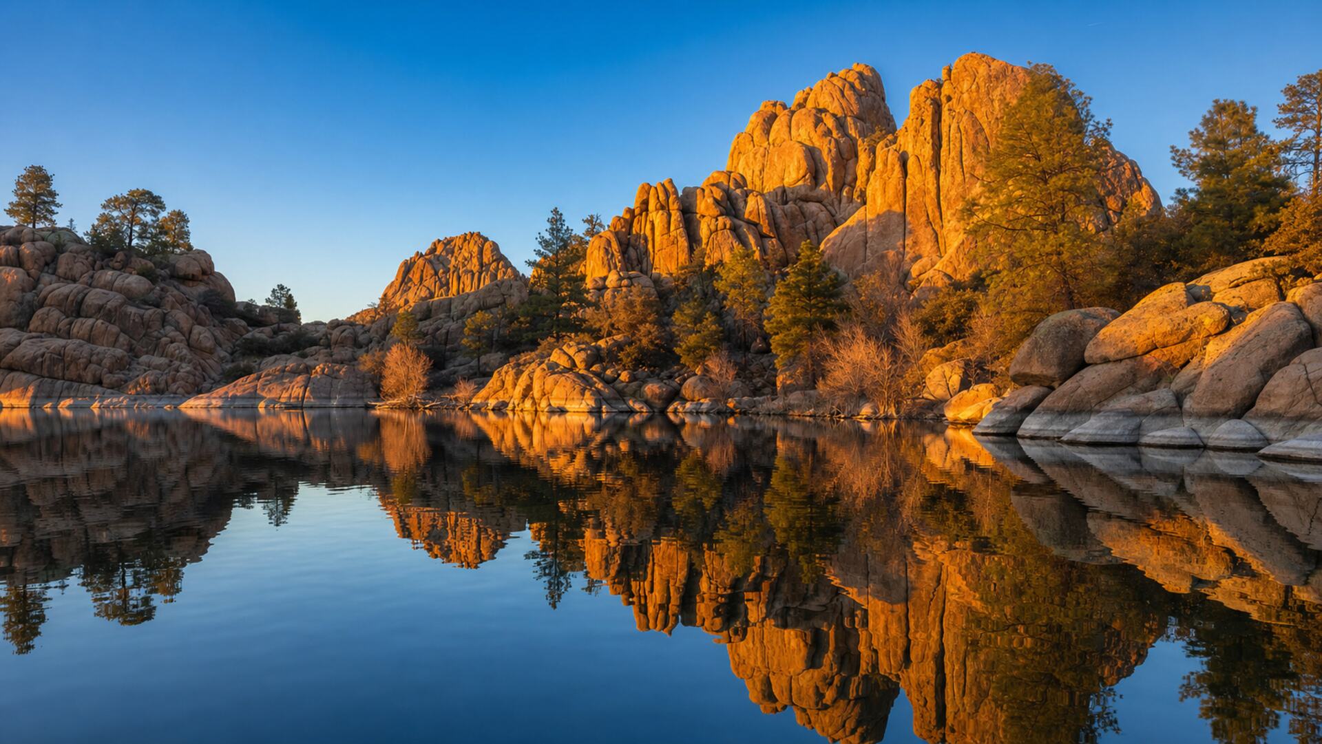 Granite Dells boulder formations near Prescott, Arizona glowing at sunset