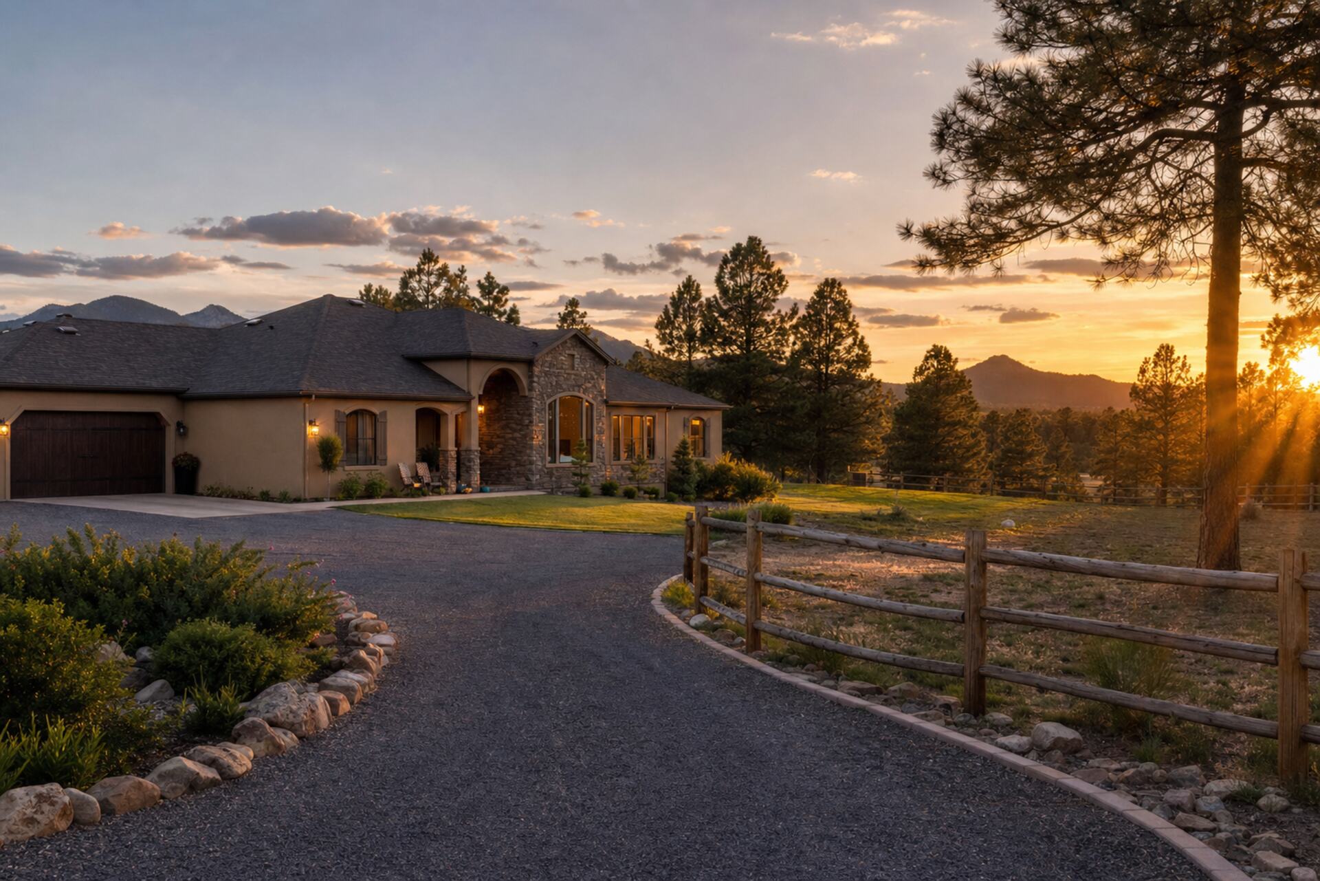 Arizona ranch-style home on acreage at sunset with pines and split rail fencing