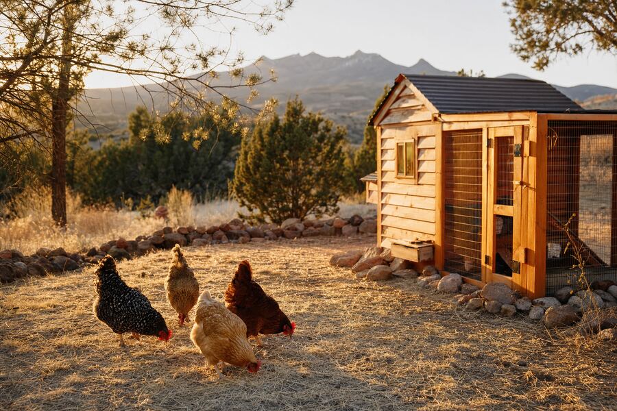 Backyard hens beside a small coop on a Yavapai County property