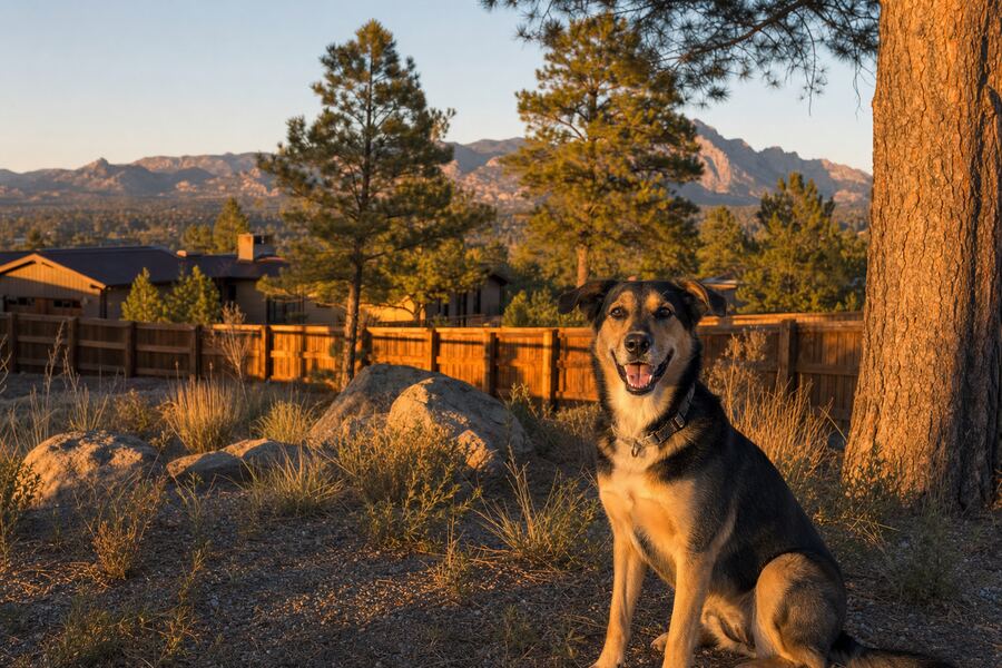 Dog sitting in a fenced Arizona high desert backyard at golden hour