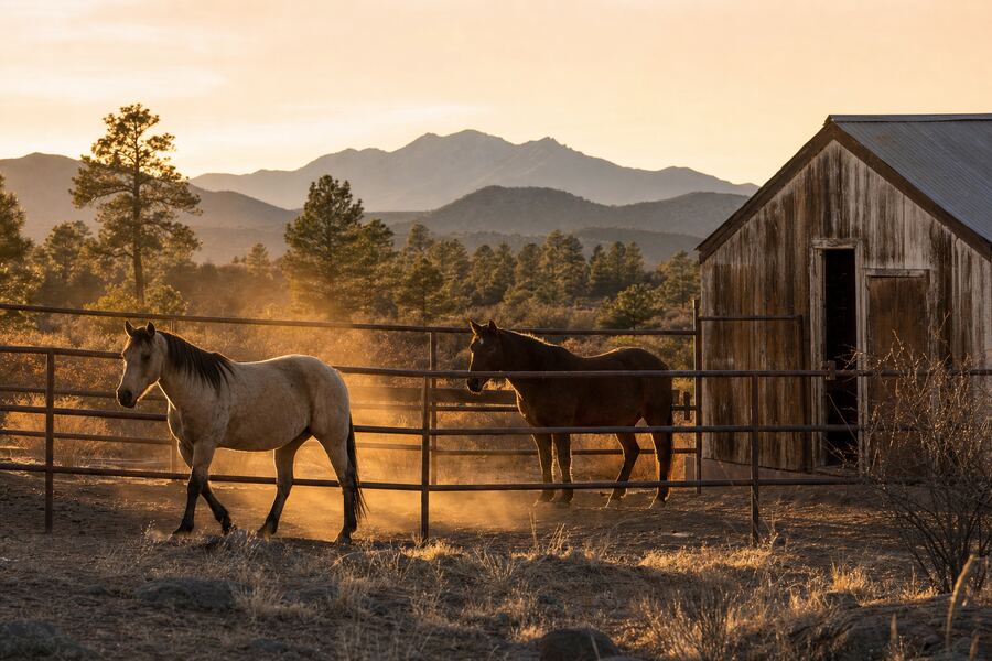Two horses in a corral beside a barn on Arizona acreage at sunset
